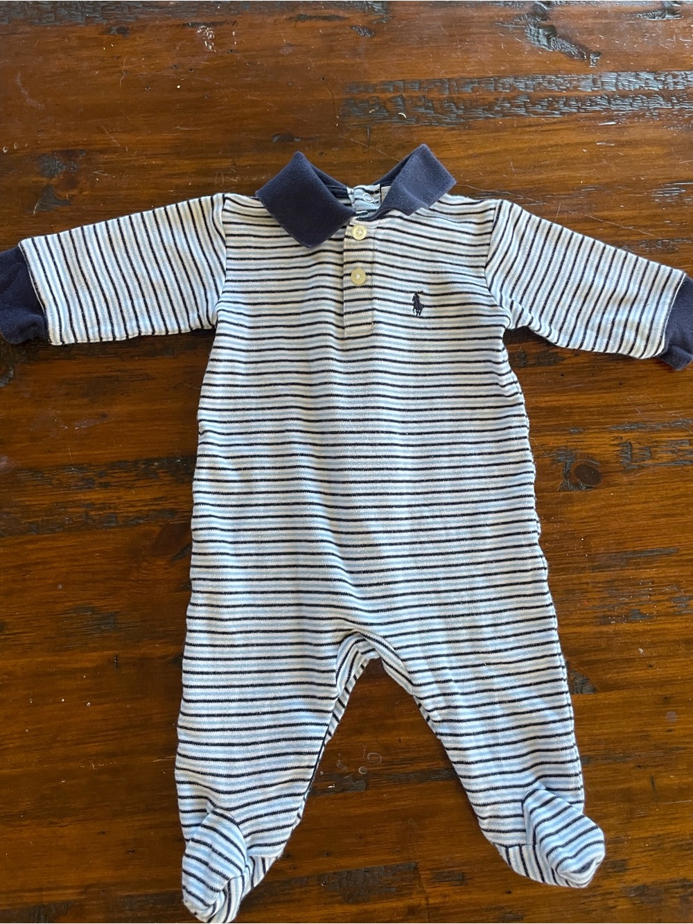 Ralph Lauren Navy & White Striped Polo Footed One-Piece